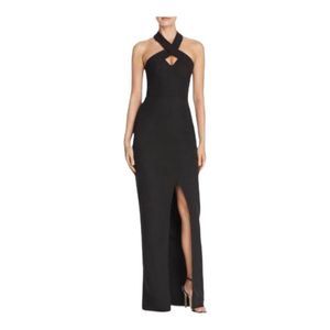 Bariano Australia Black Cross Front Halter Maxi Front Slit Party Gown SZ L BNWT